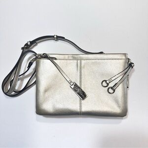 Libby Edelman Crossbody Purse Handbag Gold Metallic Tone Multiple Pockets